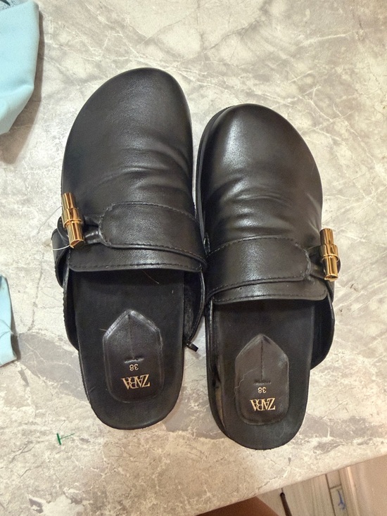 Zara Shoes - Zara Black Leather Slip-On Mules with Gold Bamboo Buckle
